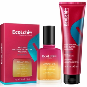 Ecolchi Collagen Hair Mask and Argan Oil Set Moisture Collagen Shea Butter Hair Treatment and Hair Oil for Dry and Damaged Hair All Hair Types 160ml 60ml
