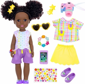 Ecore Fun 14.5 Inch Black Baby Doll, 12 Pcs Black Doll Clothes and Accessories, African Washable Realistic Silicone Girl Dolls Include Doll Clothes Shoes Phone Glasses Camera Hairpin Bracelet Stickers