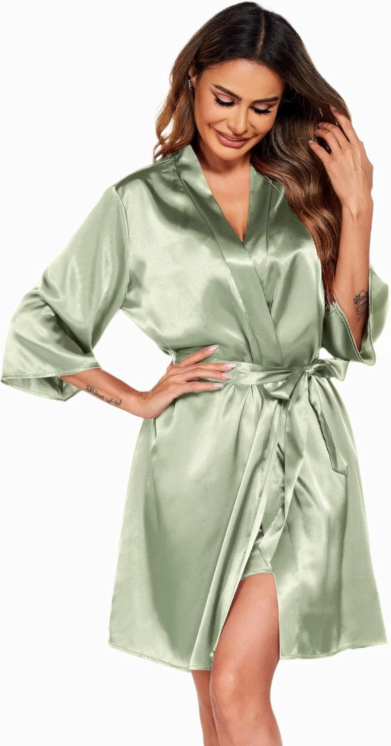 Ekouaer Women's Satin Robe Set Nightgown with Robes Silk Pajama Set 2 Pieces Lingerie Cowl Neck Cami Sleepwear Sets