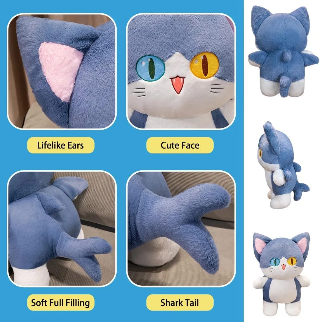 ELAINREN Ultra-Soft Stuffed Kitten with Shark Tail,Cuddle Shark Cat Plush Pillow Furry Kawaii Kitty Shark Plush Toy Gifts/13.7''