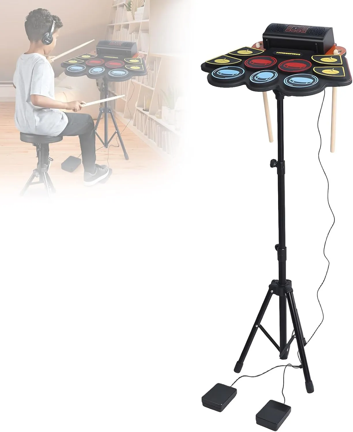 Electric Drum Set, 9 Colorful Drum Pads with 2 Drumstick, Built-in Double Speakers, 10 Unique Rhythms, Electronic Drum Set for Kids & Adults