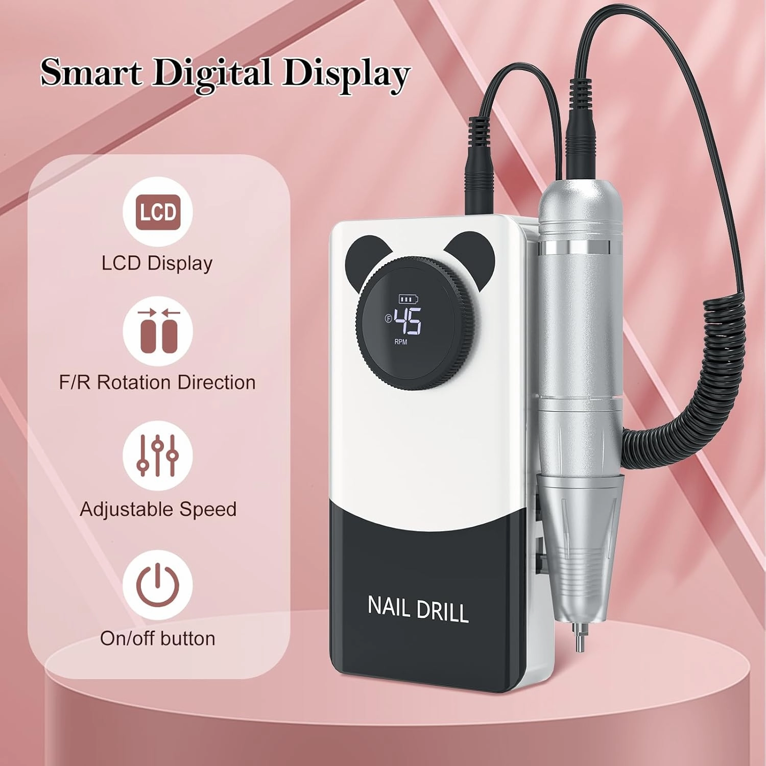 Electric Nail Drill Professional: 45000RPM Rechargeable Nail File with Bits & Base for Acrylic Gel Nails, Professional Nail Drill Manicure Pedicure Polishing Shape Tools for Home Salon