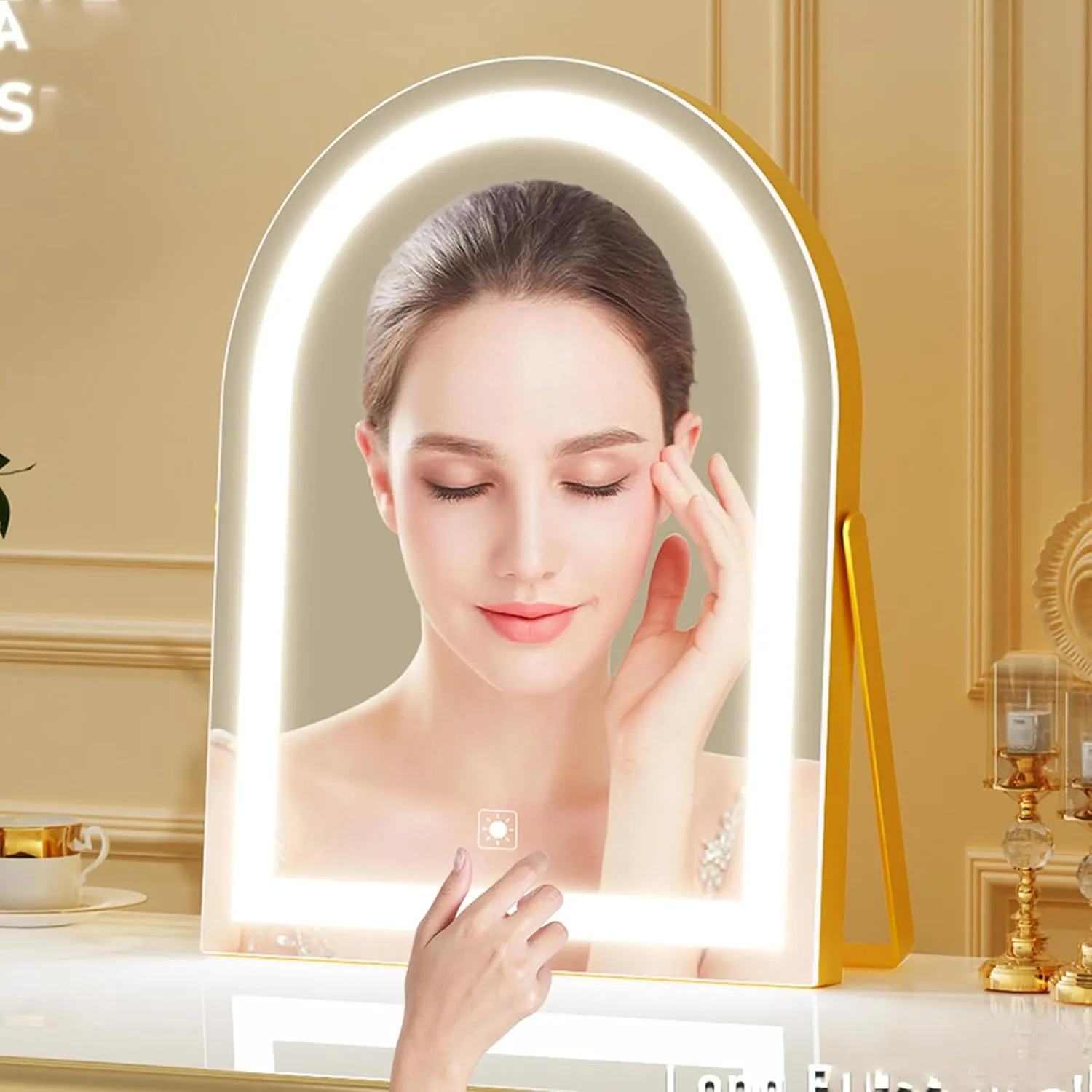 Elegant LED Vanity Mirror with 3-Color Adjustable Lights, Arched Makeup Mirror 360° Rotating Stand & Touch Control - Perfect Makeup Gift for Women Gold
