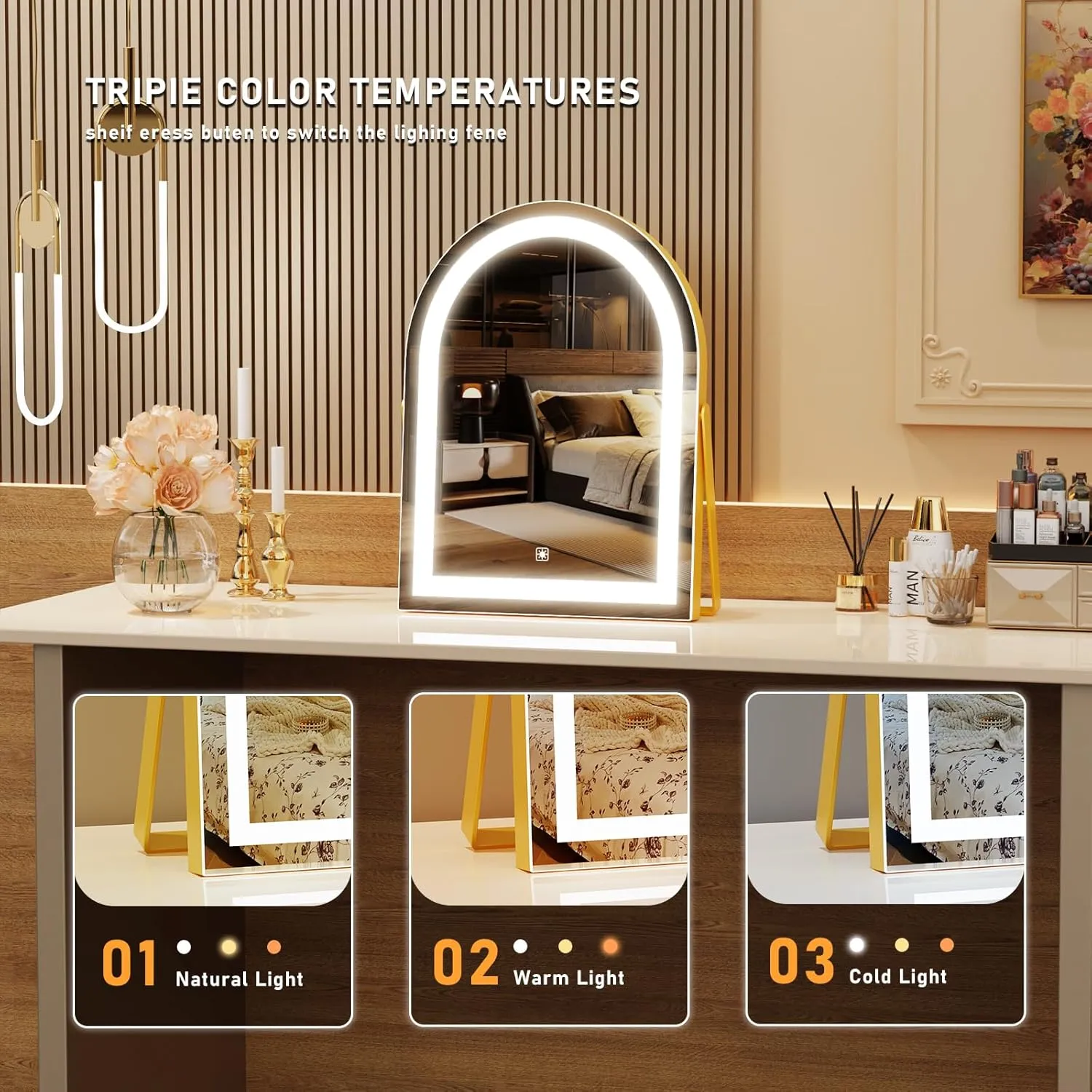 Elegant LED Vanity Mirror with 3-Color Adjustable Lights, Arched Makeup Mirror 360° Rotating Stand & Touch Control - Perfect Makeup Gift for Women Gold