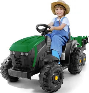 ELEMARA 24V 9AH Ride on Tractors with Easy Detachable Trailer,400W Motors Tractor Ride On Toy,Electric Tractor Toy for Big Kids, All-Terrain Capability,3-Point Seat Belt for Ages 3 , Army Green