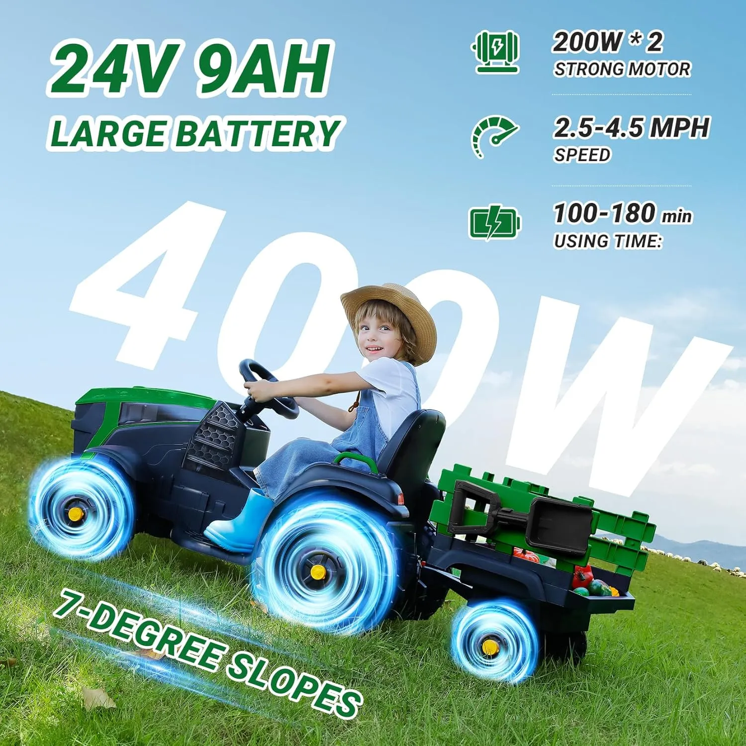 ELEMARA 24V 9AH Ride on Tractors with Easy Detachable Trailer,400W Motors Tractor Ride On Toy,Electric Tractor Toy for Big Kids, All-Terrain Capability,3-Point Seat Belt for Ages 3 , Army Green
