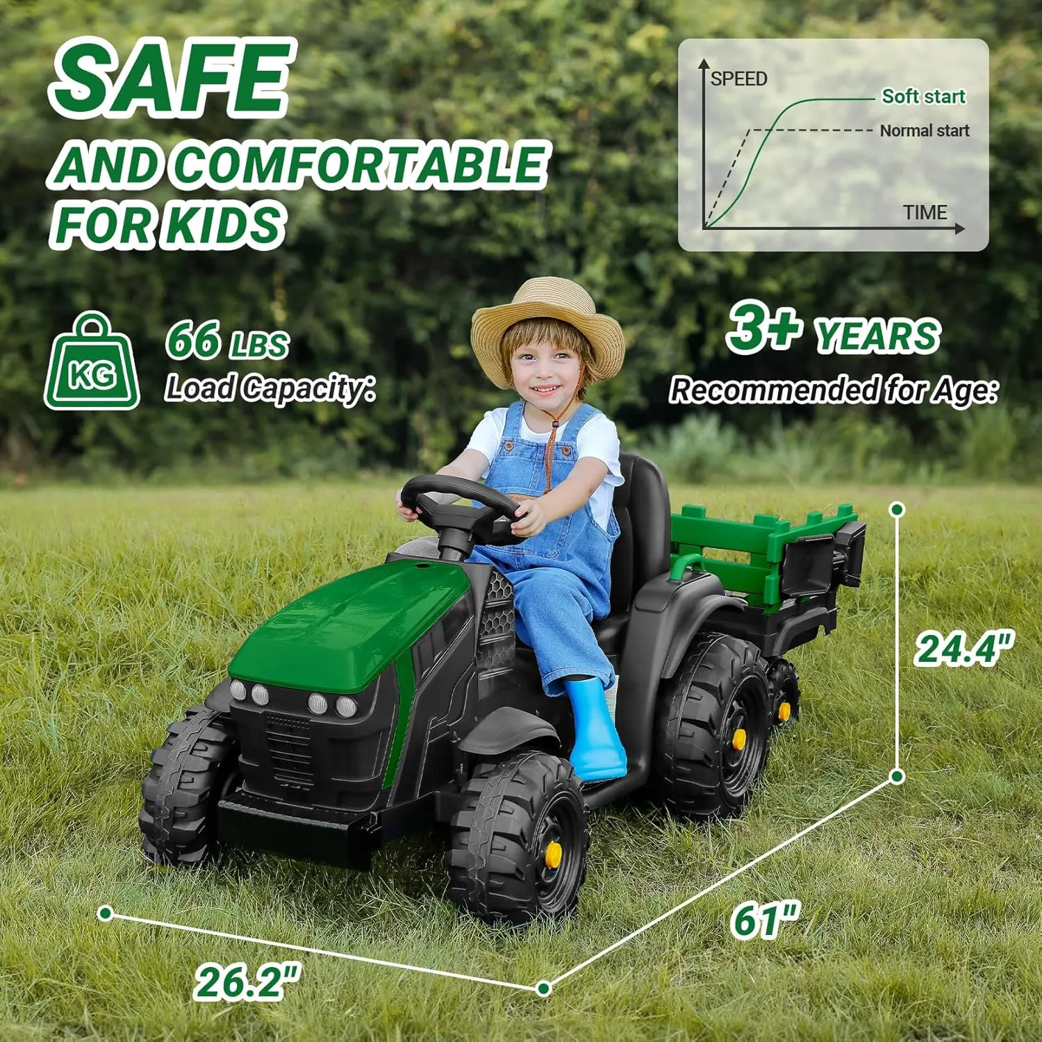 ELEMARA 24V 9AH Ride on Tractors with Easy Detachable Trailer,400W Motors Tractor Ride On Toy,Electric Tractor Toy for Big Kids, All-Terrain Capability,3-Point Seat Belt for Ages 3 , Army Green