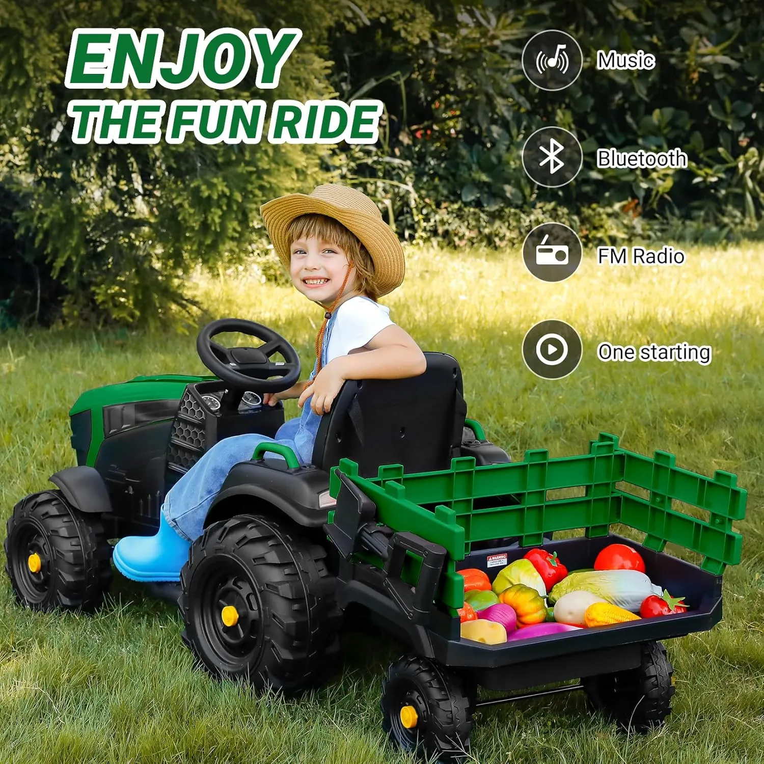 ELEMARA 24V 9AH Ride on Tractors with Easy Detachable Trailer,400W Motors Tractor Ride On Toy,Electric Tractor Toy for Big Kids, All-Terrain Capability,3-Point Seat Belt for Ages 3 , Army Green