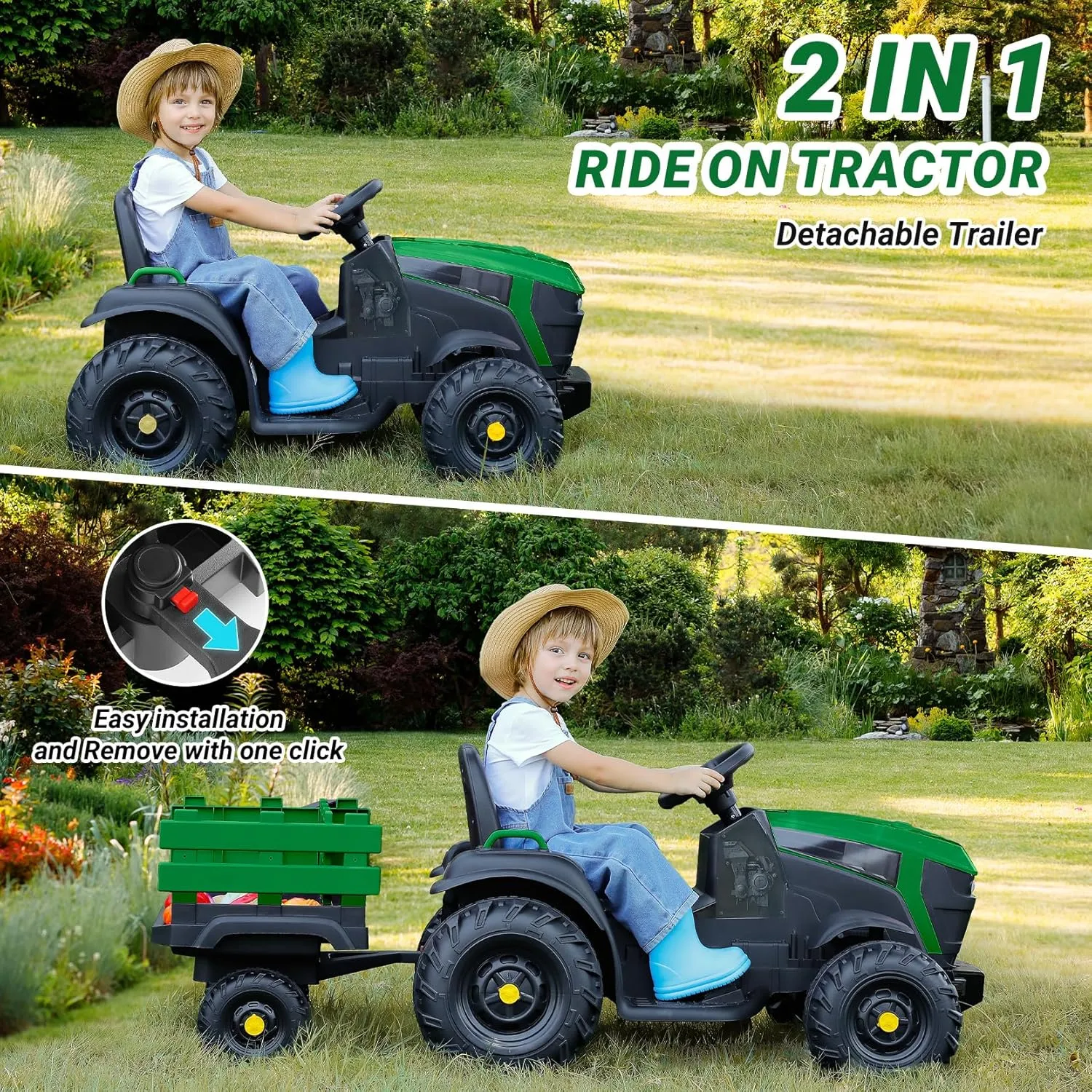 ELEMARA 24V 9AH Ride on Tractors with Easy Detachable Trailer,400W Motors Tractor Ride On Toy,Electric Tractor Toy for Big Kids, All-Terrain Capability,3-Point Seat Belt for Ages 3 , Army Green