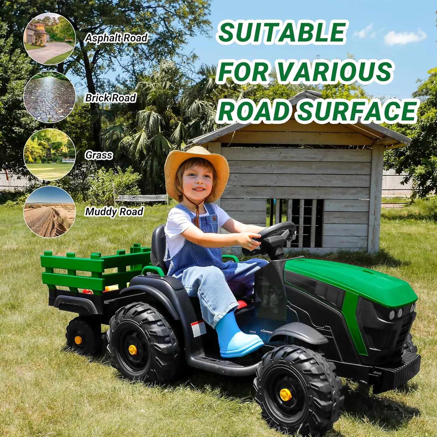 ELEMARA 24V 9AH Ride on Tractors with Easy Detachable Trailer,400W Motors Tractor Ride On Toy,Electric Tractor Toy for Big Kids, All-Terrain Capability,3-Point Seat Belt for Ages 3 , Army Green