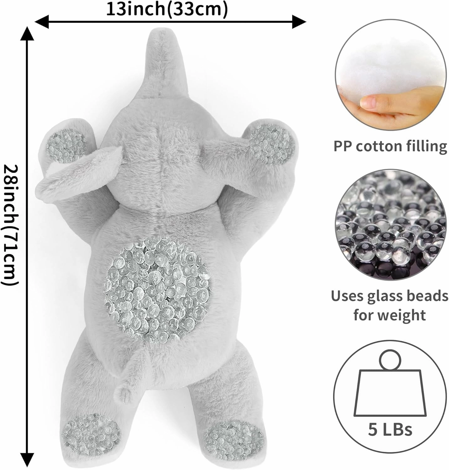 Elephant Weighted Stuffed Animals, 5 Pounds Weighted Plush Toy 27" Comfort Big Weighted Throw Pillow Cute Elephant Plush Gifts for Kids & Adults(Gray Elephant, 27 Inch | 5 lbs)