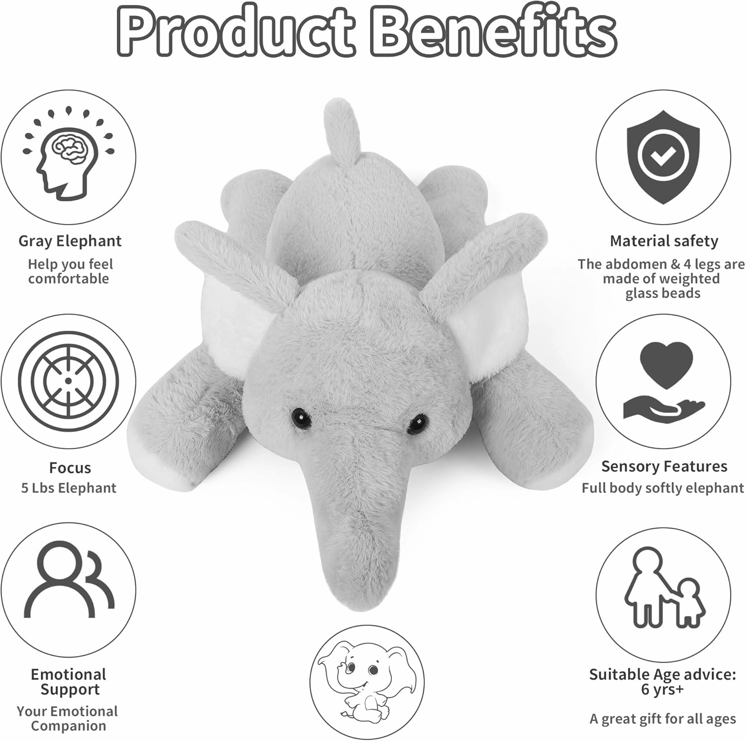 Elephant Weighted Stuffed Animals, 5 Pounds Weighted Plush Toy 27" Comfort Big Weighted Throw Pillow Cute Elephant Plush Gifts for Kids & Adults(Gray Elephant, 27 Inch | 5 lbs)