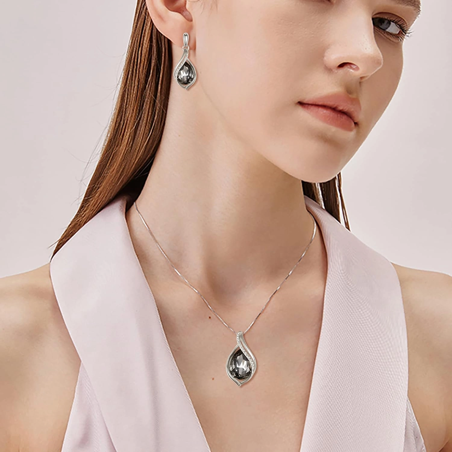 EleQueen Austrian Crystal Teardrop Pendant Necklace Dangle Earrings Jewelry Sets for Women, Valentine's Day/Mother's Day