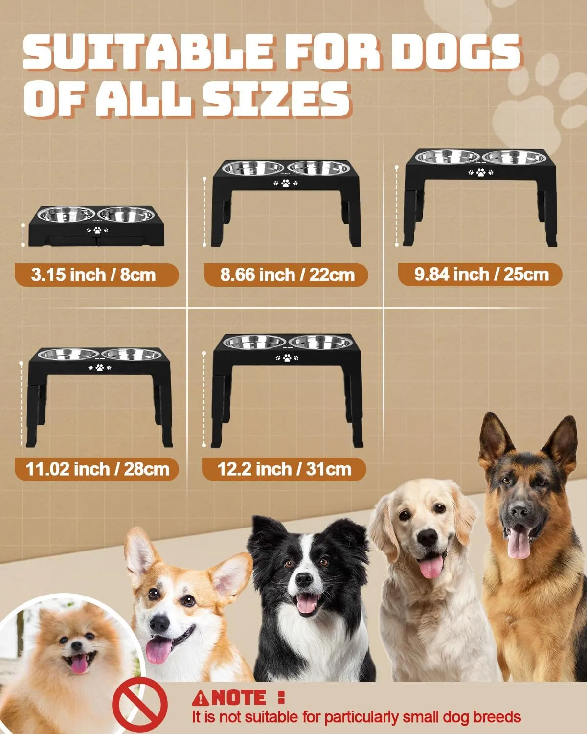 Elevated Dog Bowls, Dog Feeder with 2 Stainless Steel Dishes &1 Slow Feeder Bowl, 5 Heights Adjustable Raised Stand for Medium Large, Food Dishes with Non-Slip Feet
