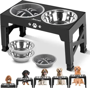 Elevated Dog Bowls, Dog Feeder with 2 Stainless Steel Dishes &1 Slow Feeder Bowl, 5 Heights Adjustable Raised Stand for Medium Large, Food Dishes with Non-Slip Feet