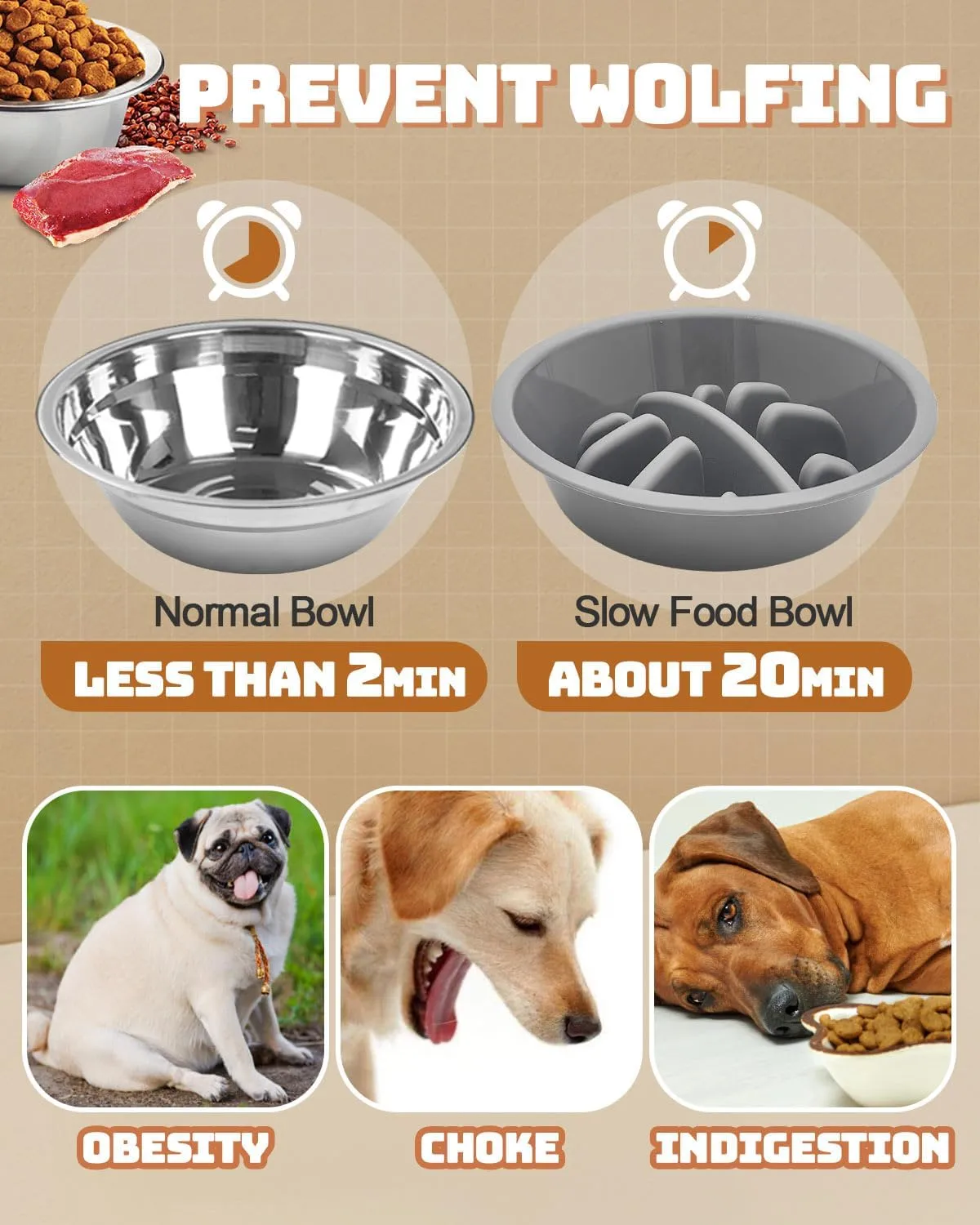 Elevated Dog Bowls, Dog Feeder with 2 Stainless Steel Dishes &1 Slow Feeder Bowl, 5 Heights Adjustable Raised Stand for Medium Large, Food Dishes with Non-Slip Feet