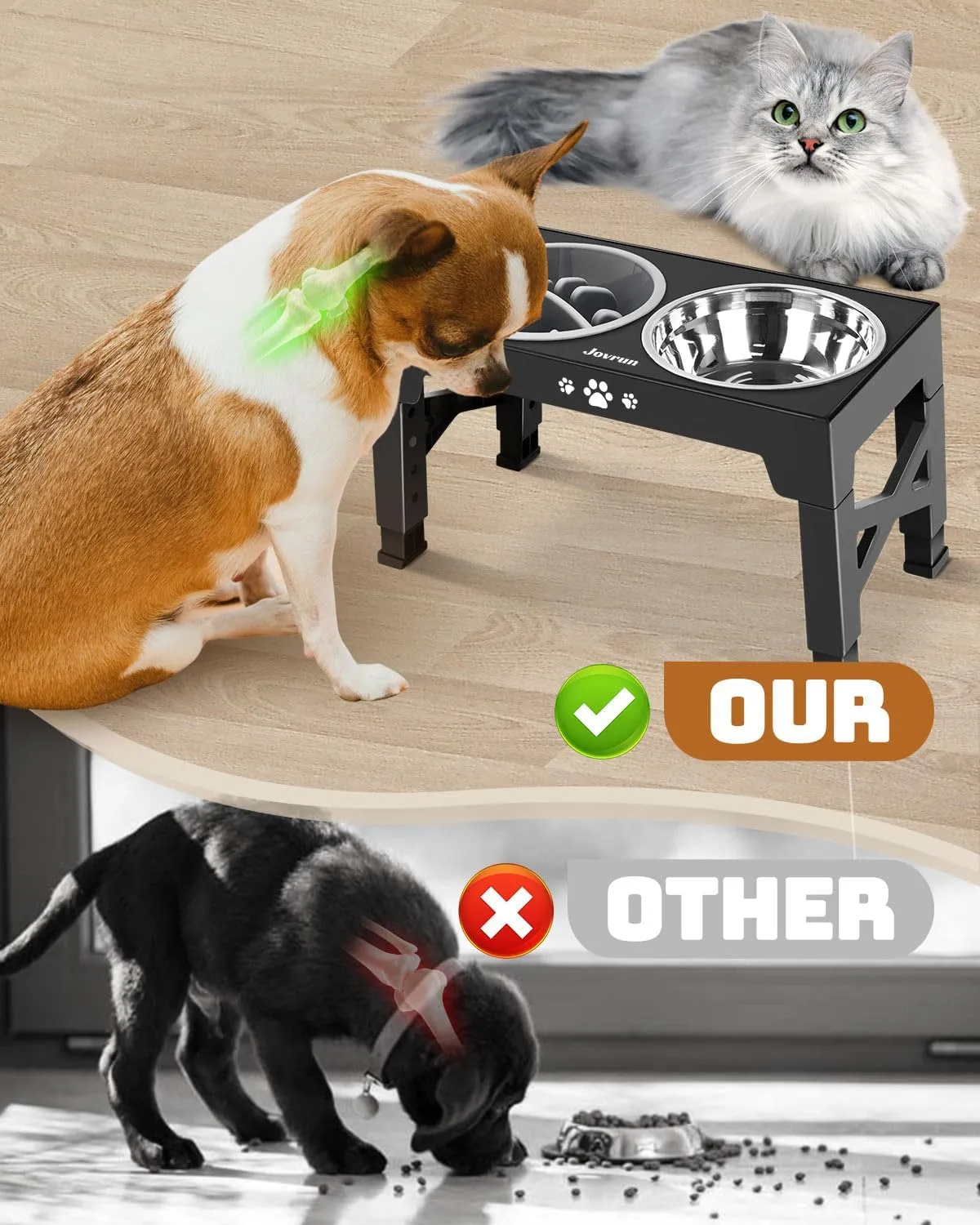 Elevated Dog Bowls, Dog Feeder with 2 Stainless Steel Dishes &1 Slow Feeder Bowl, 5 Heights Adjustable Raised Stand for Medium Large, Food Dishes with Non-Slip Feet