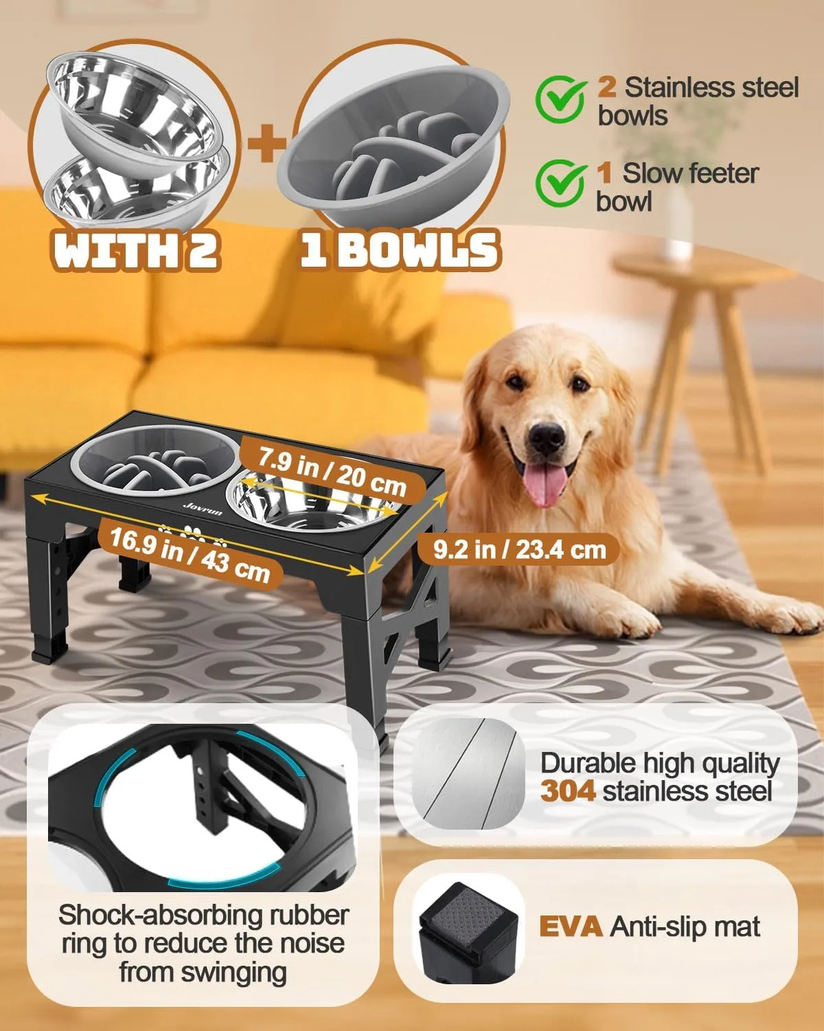 Elevated Dog Bowls, Dog Feeder with 2 Stainless Steel Dishes &1 Slow Feeder Bowl, 5 Heights Adjustable Raised Stand for Medium Large, Food Dishes with Non-Slip Feet