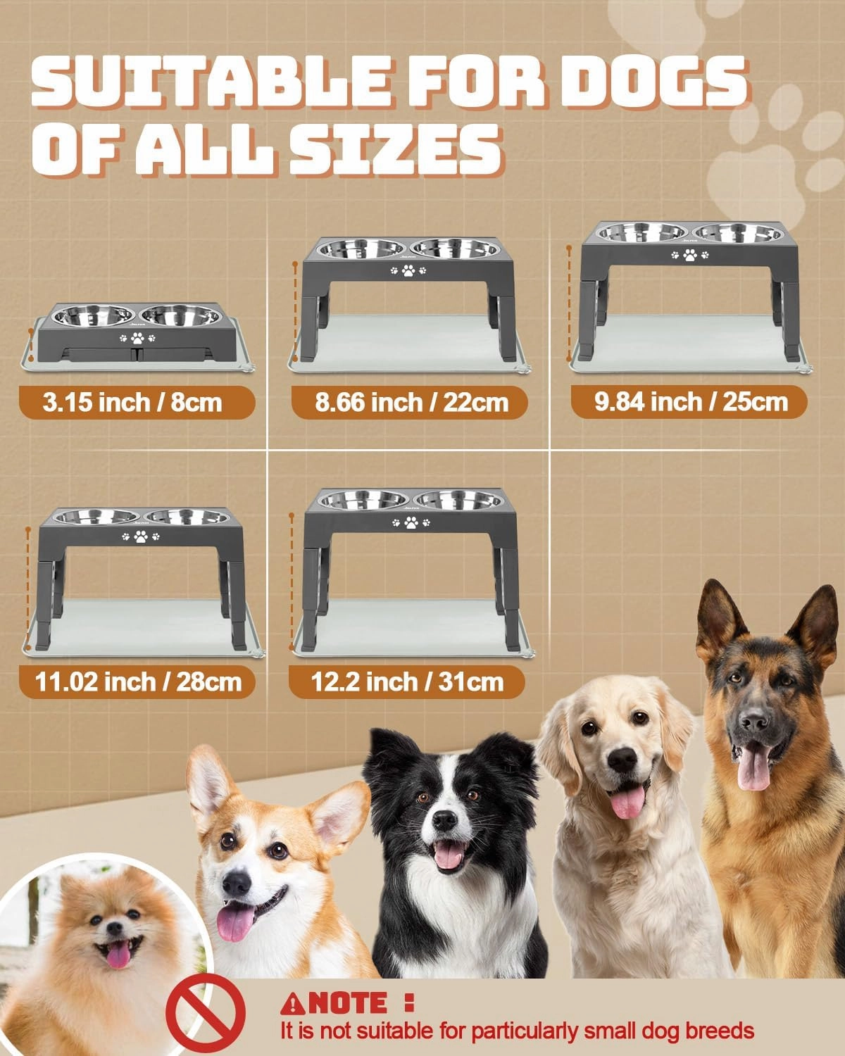 Elevated Dog Bowls, Dog Feeder with 2 Stainless Steel Dishes &1 Slow Feeder Bowl, 5 Heights Adjustable Raised Stand for Medium Large, Food Dishes with Non-Slip Feet