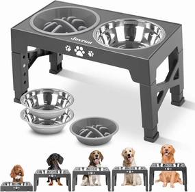 Elevated Dog Bowls, Dog Feeder with 2 Stainless Steel Dishes &1 Slow Feeder Bowl, 5 Heights Adjustable Raised Stand for Medium Large, Food Dishes with Non-Slip Feet
