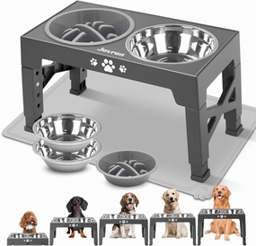 Elevated Dog Bowls, Dog Feeder with 2 Stainless Steel Dishes &1 Slow Feeder Bowl, 5 Heights Adjustable Raised Stand for Medium Large, Food Dishes with Non-Slip Feet