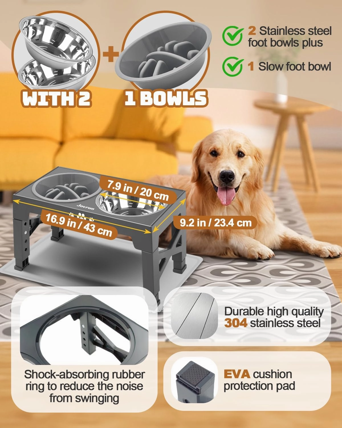Elevated Dog Bowls, Dog Feeder with 2 Stainless Steel Dishes &1 Slow Feeder Bowl, 5 Heights Adjustable Raised Stand for Medium Large, Food Dishes with Non-Slip Feet