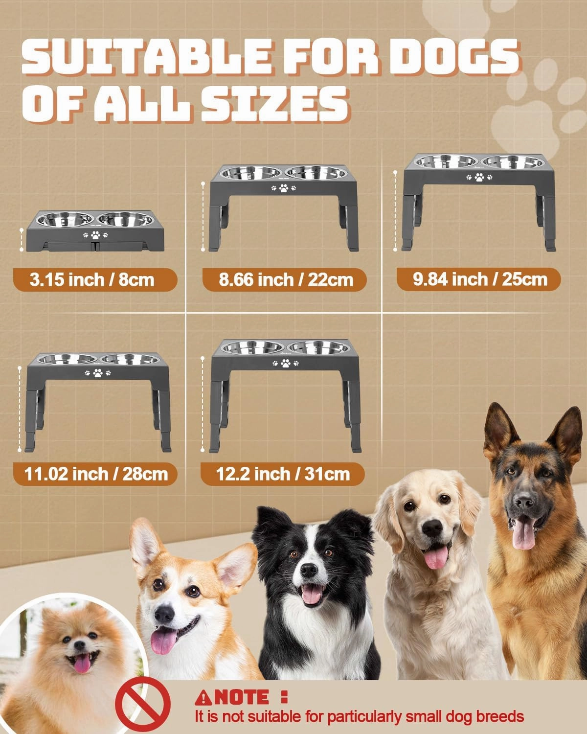 Elevated Dog Bowls, Dog Feeder with 2 Stainless Steel Dishes &1 Slow Feeder Bowl, 5 Heights Adjustable Raised Stand for Medium Large, Food Dishes with Non-Slip Feet
