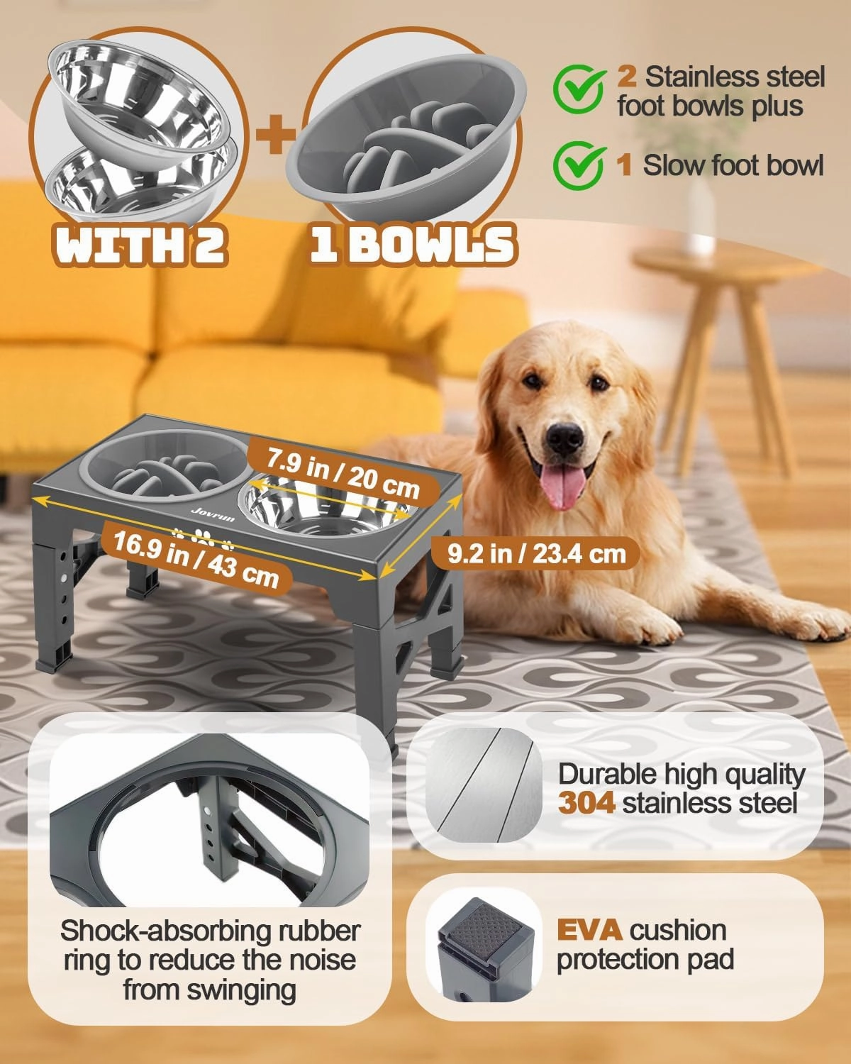 Elevated Dog Bowls, Dog Feeder with 2 Stainless Steel Dishes &1 Slow Feeder Bowl, 5 Heights Adjustable Raised Stand for Medium Large, Food Dishes with Non-Slip Feet