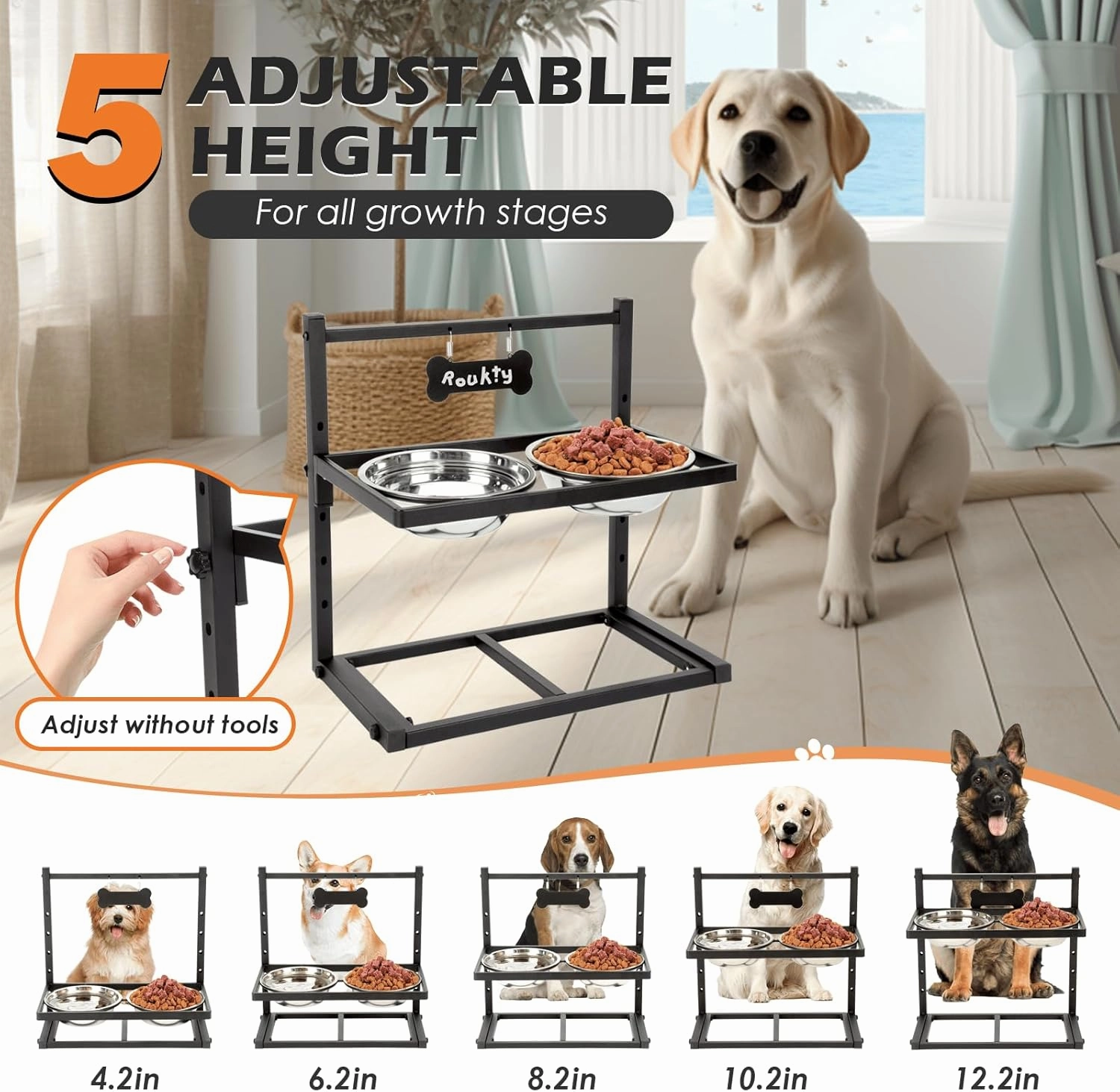 Elevated Dog Bowls With Slow Feeder, 5 Height Adjustable Raised Bowl Stand With 2 Stainless Steel Food & Water Bowls for Medium Large Dogs