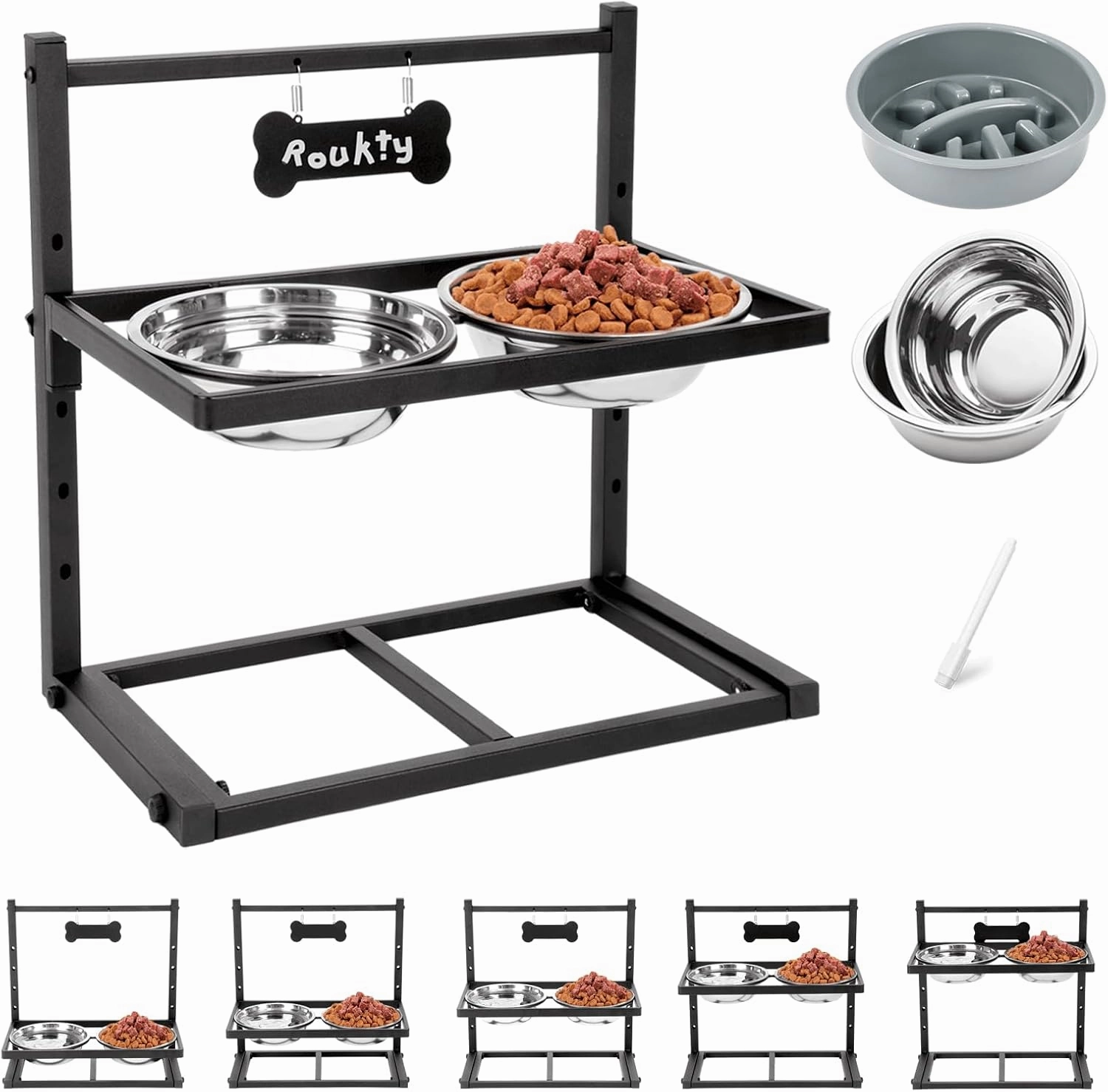 Elevated Dog Bowls With Slow Feeder, 5 Height Adjustable Raised Bowl Stand With 2 Stainless Steel Food & Water Bowls for Medium Large Dogs