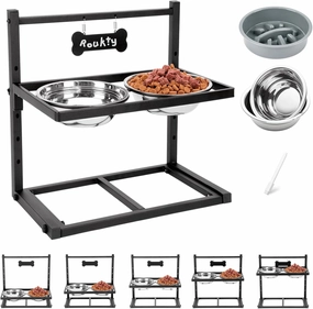 Elevated Dog Bowls With Slow Feeder, 5 Height Adjustable Raised Bowl Stand With 2 Stainless Steel Food & Water Bowls for Medium Large Dogs
