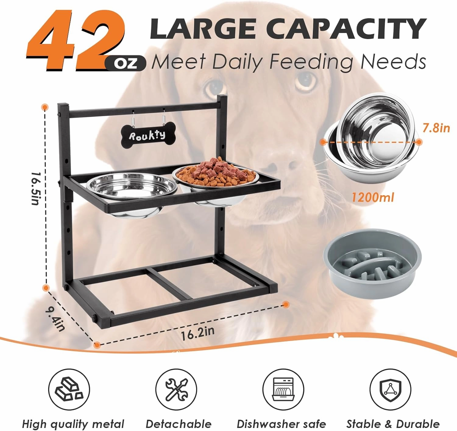Elevated Dog Bowls With Slow Feeder, 5 Height Adjustable Raised Bowl Stand With 2 Stainless Steel Food & Water Bowls for Medium Large Dogs