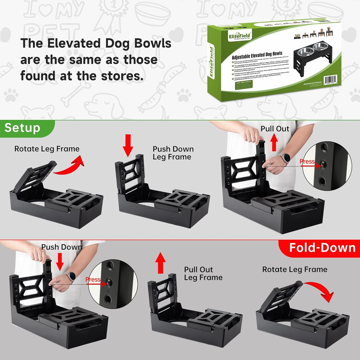 EliteField Elevated Dog Bowls (2-Year Warranty), Two 58 oz Stainless Steel Food Bowls, 5 Adjustable Raised Heights (4", 9.5", 10.5", 11.5", 12.75") Suitable for Dogs of All Ages, Small to Large Sizes