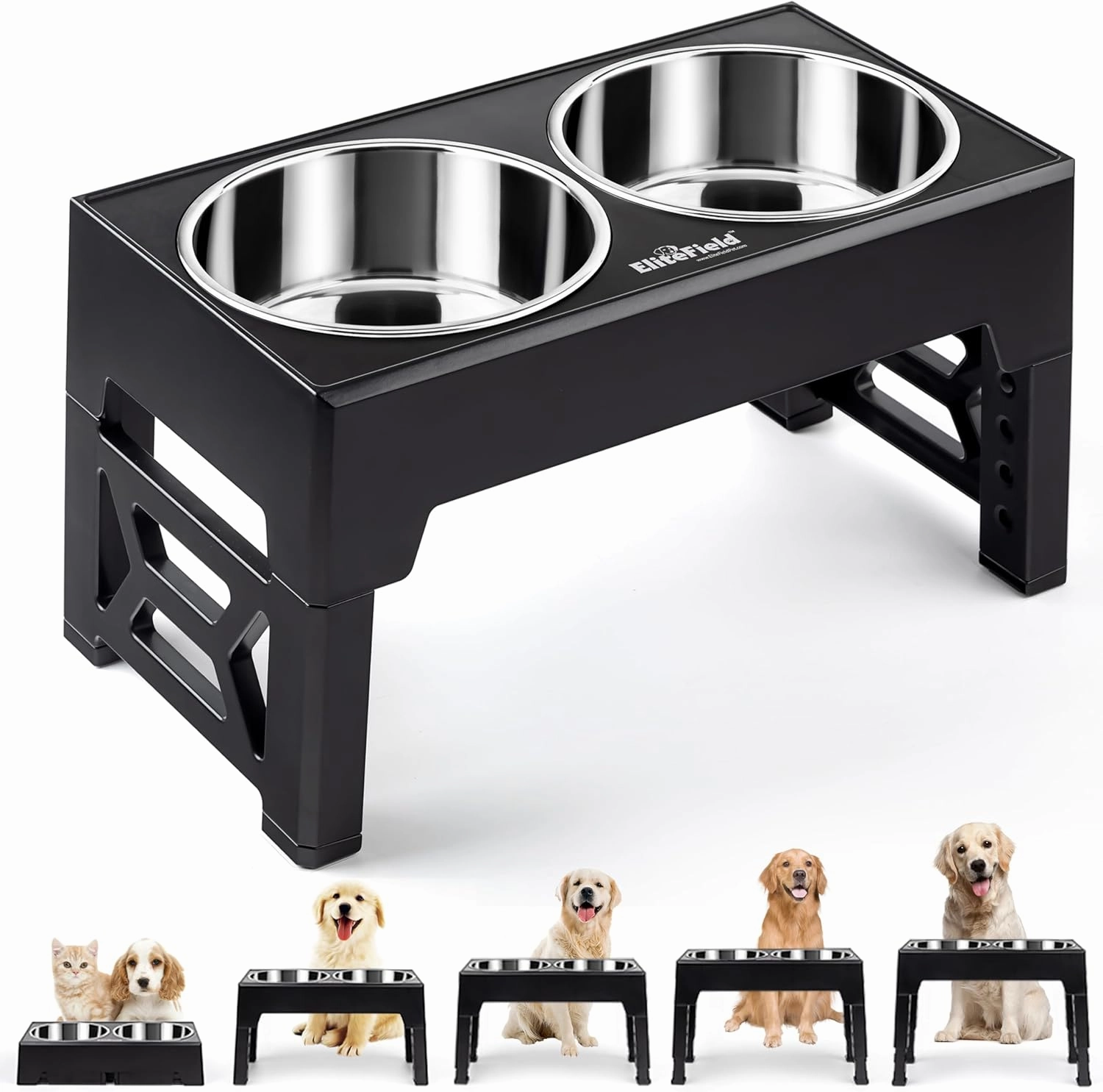 EliteField Elevated Dog Bowls (2-Year Warranty), Two 58 oz Stainless Steel Food Bowls, 5 Adjustable Raised Heights (4", 9.5", 10.5", 11.5", 12.75") Suitable for Dogs of All Ages, Small to Large Sizes