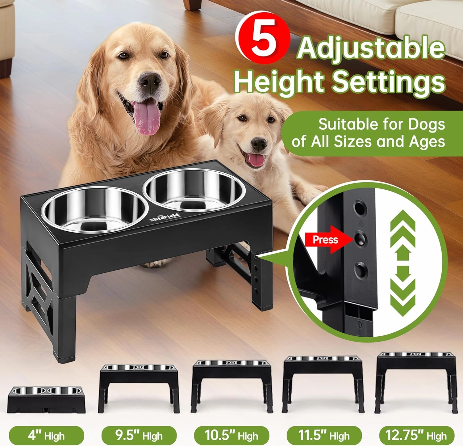 EliteField Elevated Dog Bowls (2-Year Warranty), Two 58 oz Stainless Steel Food Bowls, 5 Adjustable Raised Heights (4", 9.5", 10.5", 11.5", 12.75") Suitable for Dogs of All Ages, Small to Large Sizes