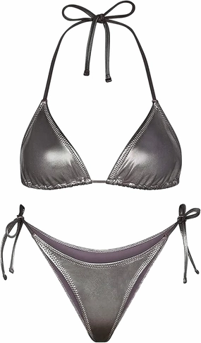 Ella Lust Metallic Bikini for Women - Silver Bathing Suit High Waisted Tie Side Thong Bottom Triangle Top Shiny Swimsuit