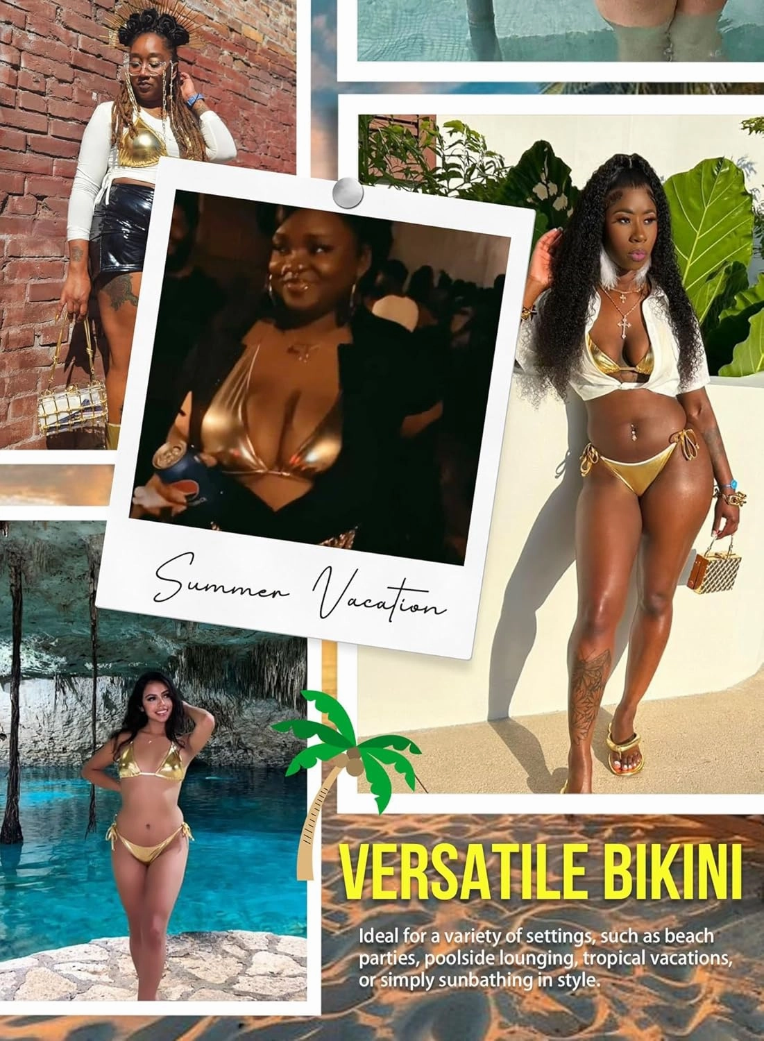 Ella Lust Metallic Bikini for Women - Silver Bathing Suit High Waisted Tie Side Thong Bottom Triangle Top Shiny Swimsuit