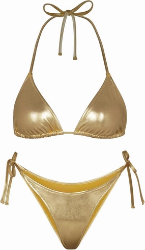 Ella Lust Metallic Bikini for Women - Silver Bathing Suit High Waisted Tie Side Thong Bottom Triangle Top Shiny Swimsuit