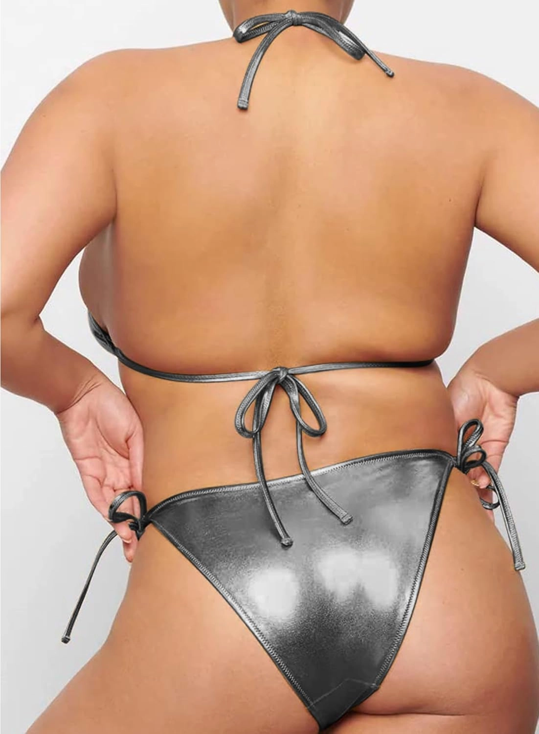 Ella Lust Metallic Bikini for Women - Silver Bathing Suit High Waisted Tie Side Thong Bottom Triangle Top Shiny Swimsuit
