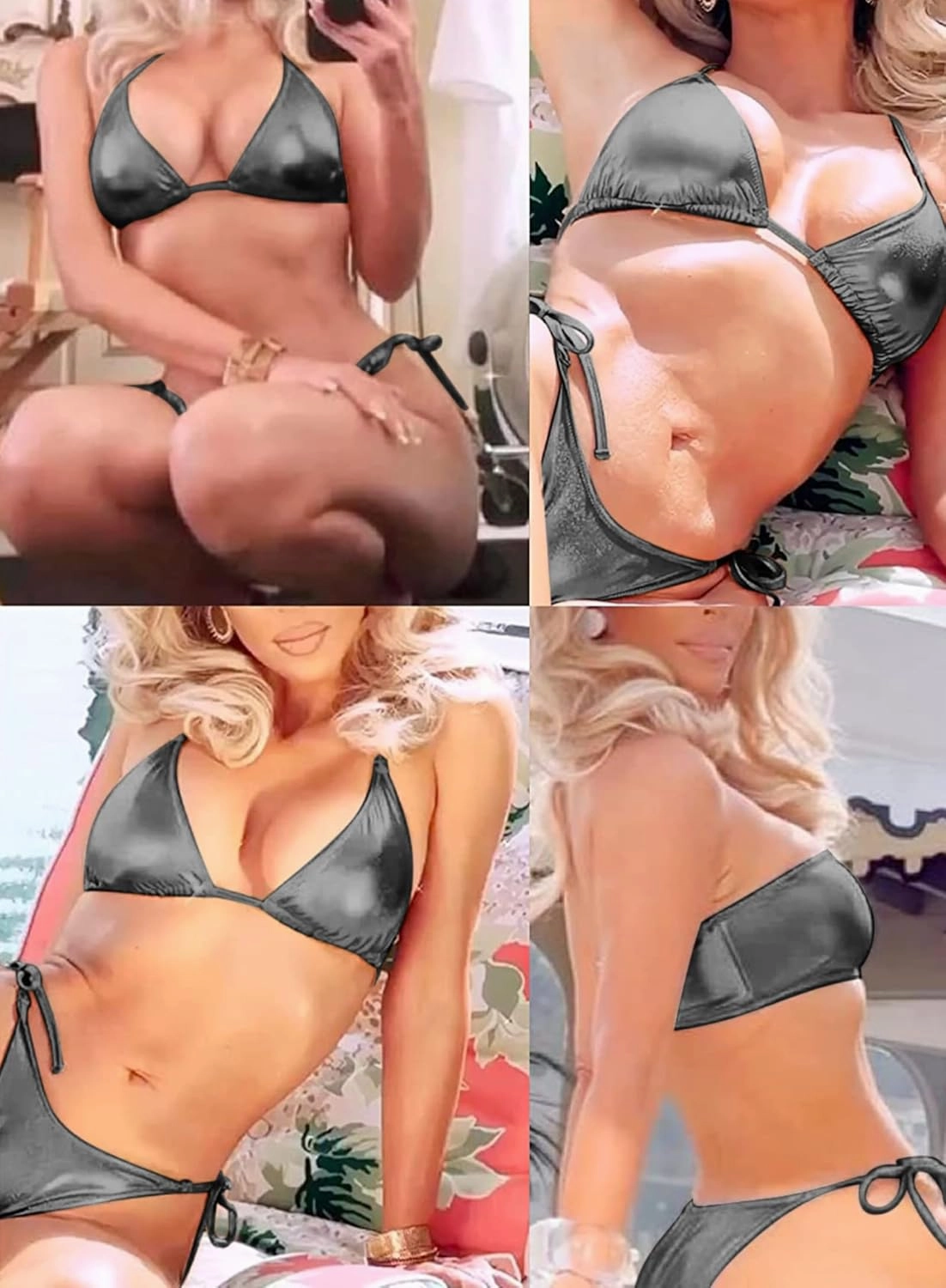 Ella Lust Metallic Bikini for Women - Silver Bathing Suit High Waisted Tie Side Thong Bottom Triangle Top Shiny Swimsuit
