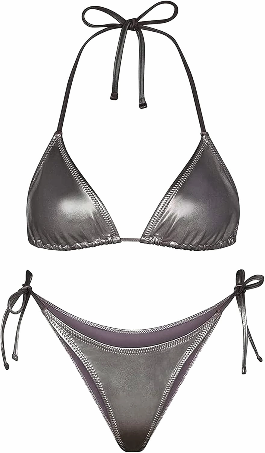 Ella Lust Metallic Bikini for Women - Silver Bathing Suit High Waisted Tie Side Thong Bottom Triangle Top Shiny Swimsuit