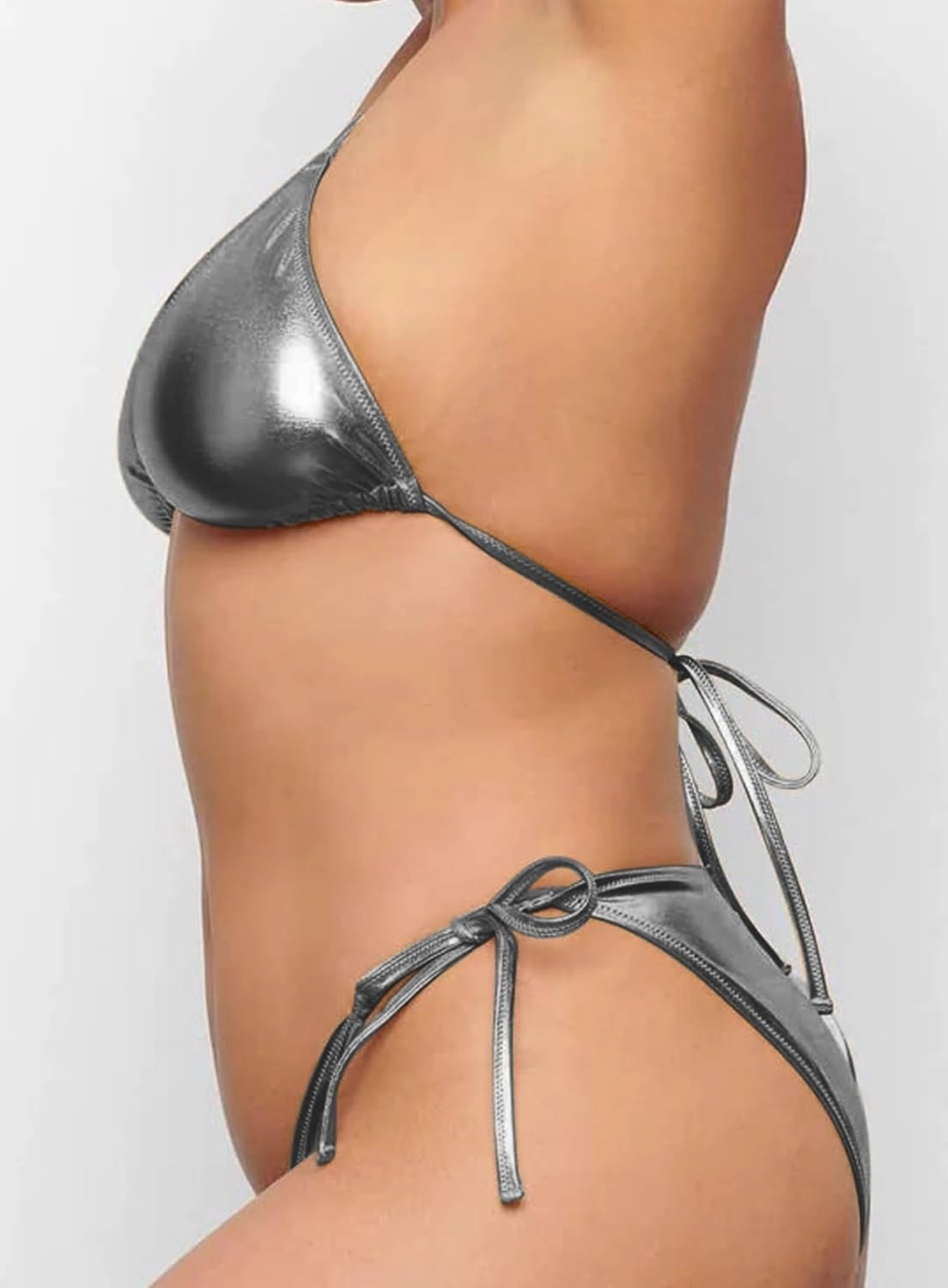 Ella Lust Metallic Bikini for Women - Silver Bathing Suit High Waisted Tie Side Thong Bottom Triangle Top Shiny Swimsuit