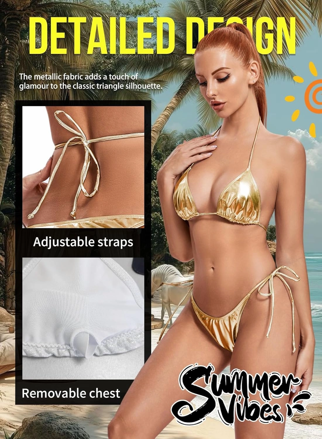 Ella Lust Metallic Bikini for Women - Silver Bathing Suit High Waisted Tie Side Thong Bottom Triangle Top Shiny Swimsuit