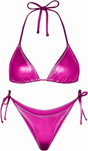 Ella Lust Metallic Bikini for Women - Silver Bathing Suit High Waisted Tie Side Thong Bottom Triangle Top Shiny Swimsuit