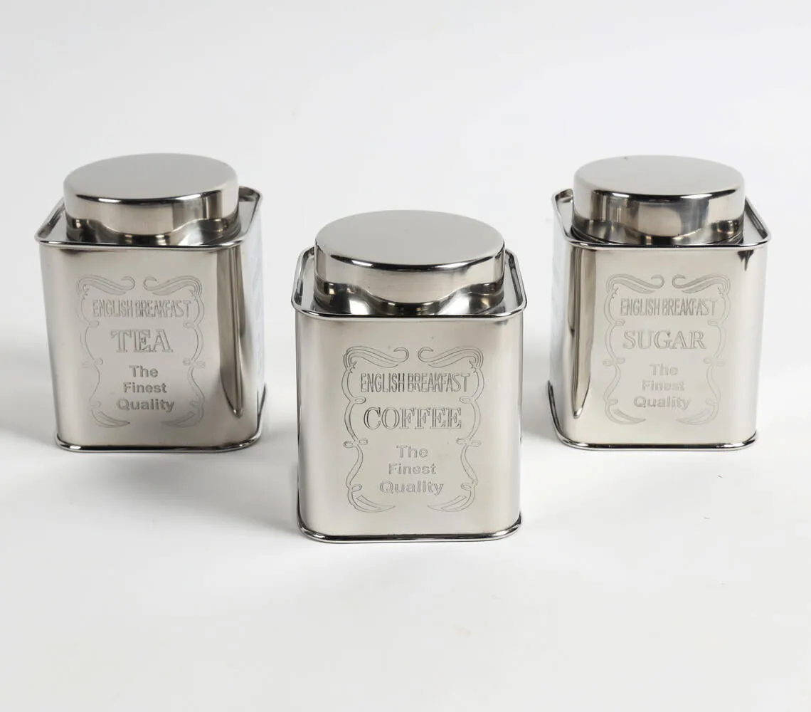 Engraved Tea Coffee & Sugar Steel Jars (Set of 3)