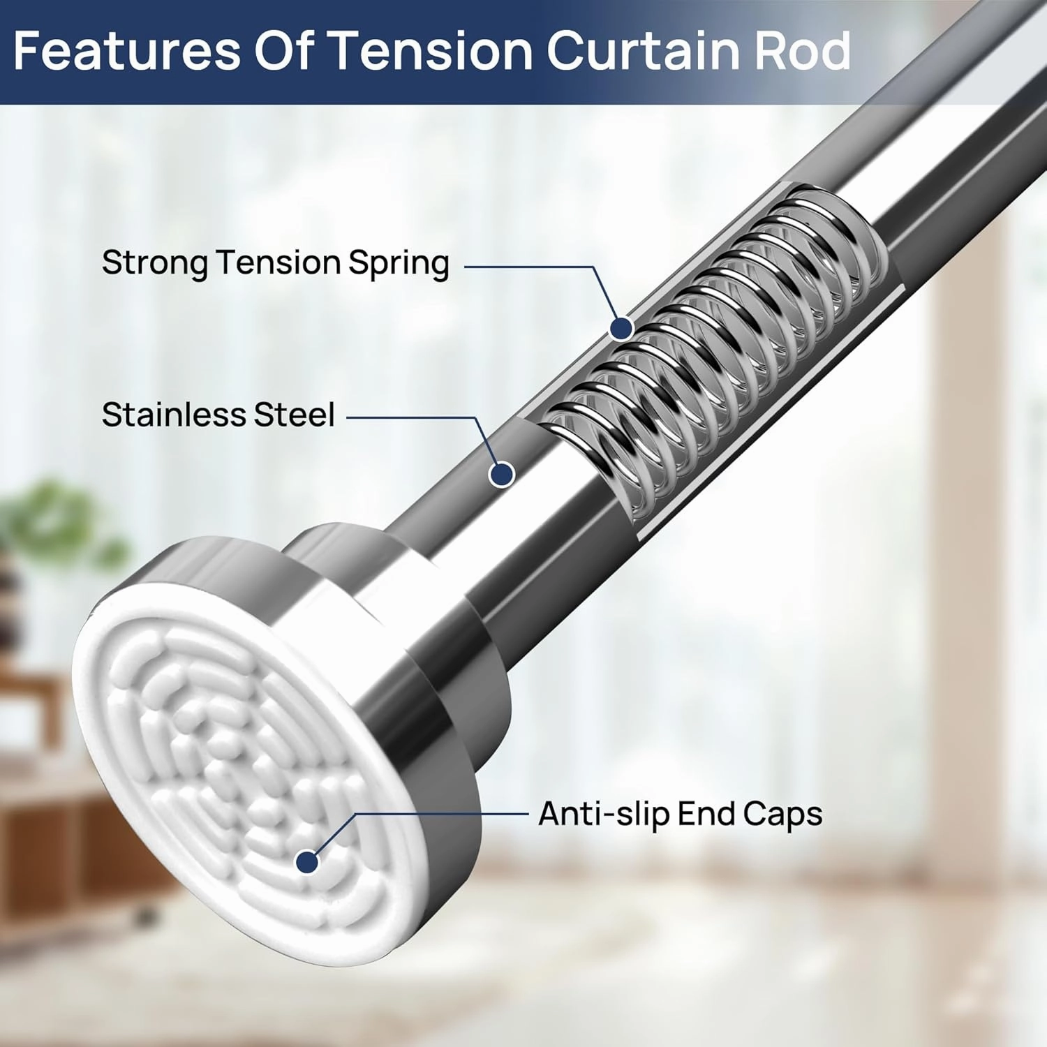 ENJOYBASICS 2 Pack Adjustable Spring Tension Curtain Rods 32 to 66 Inches, Stainless Steel Chrome Shower Rod No Drilling for Window, Bathroom, Closet, Room Divider, 7/8" Diameter