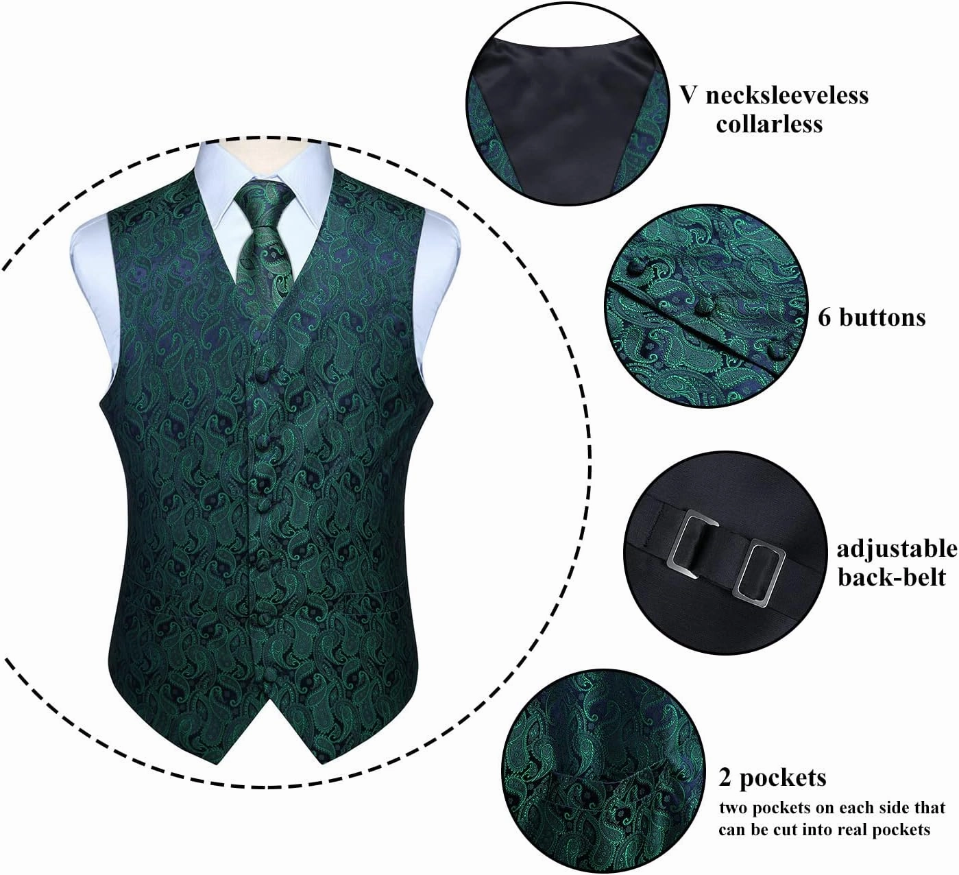 Enlision Mens Vest Tie Set Paisley Vest and Necktie Pocket Square 3pc Formal Dress Waistcoat for Suit or Tuxedo