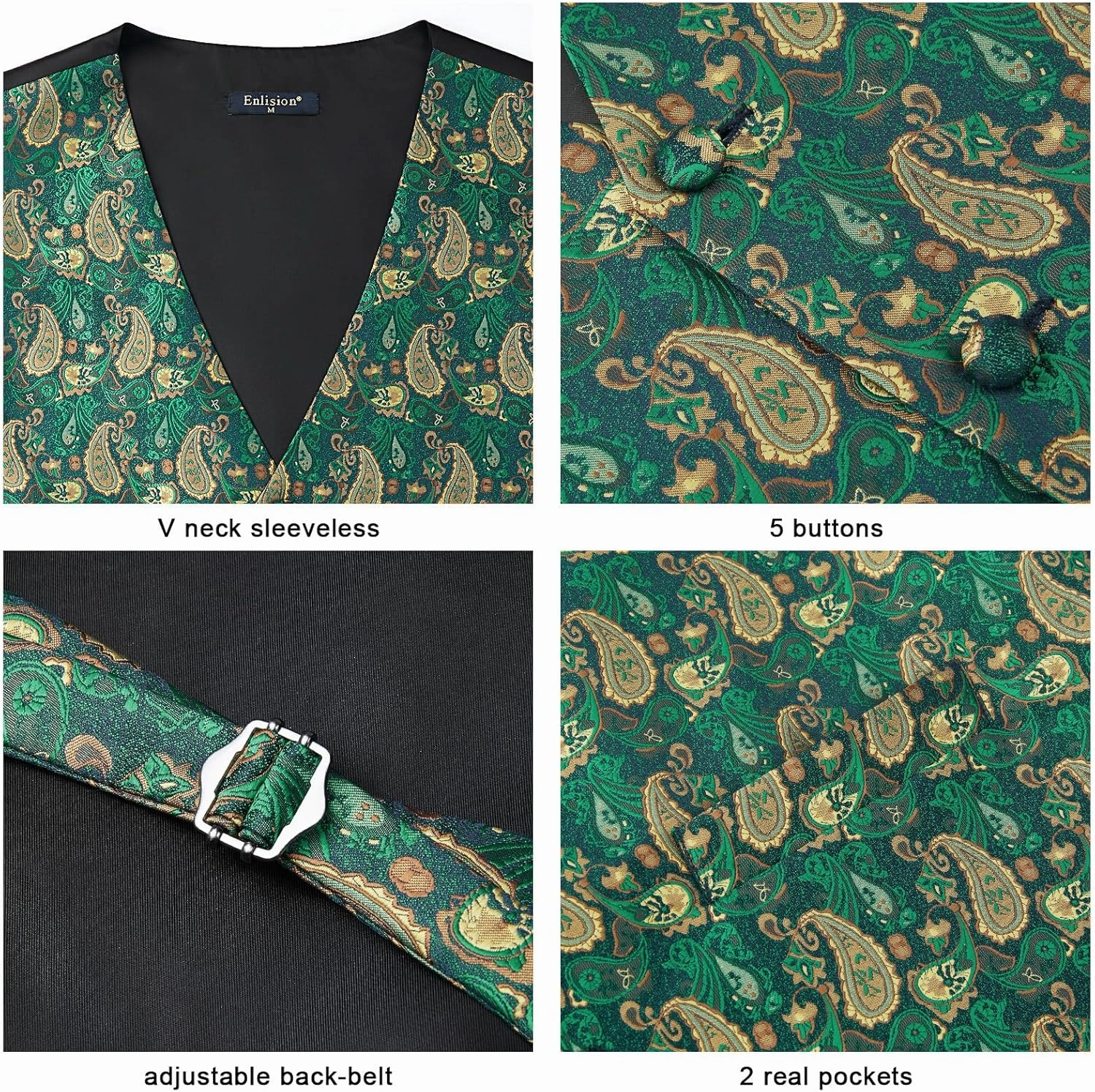 Enlision Mens Vest Tie Set Paisley Vest and Necktie Pocket Square 3pc Formal Dress Waistcoat for Suit or Tuxedo