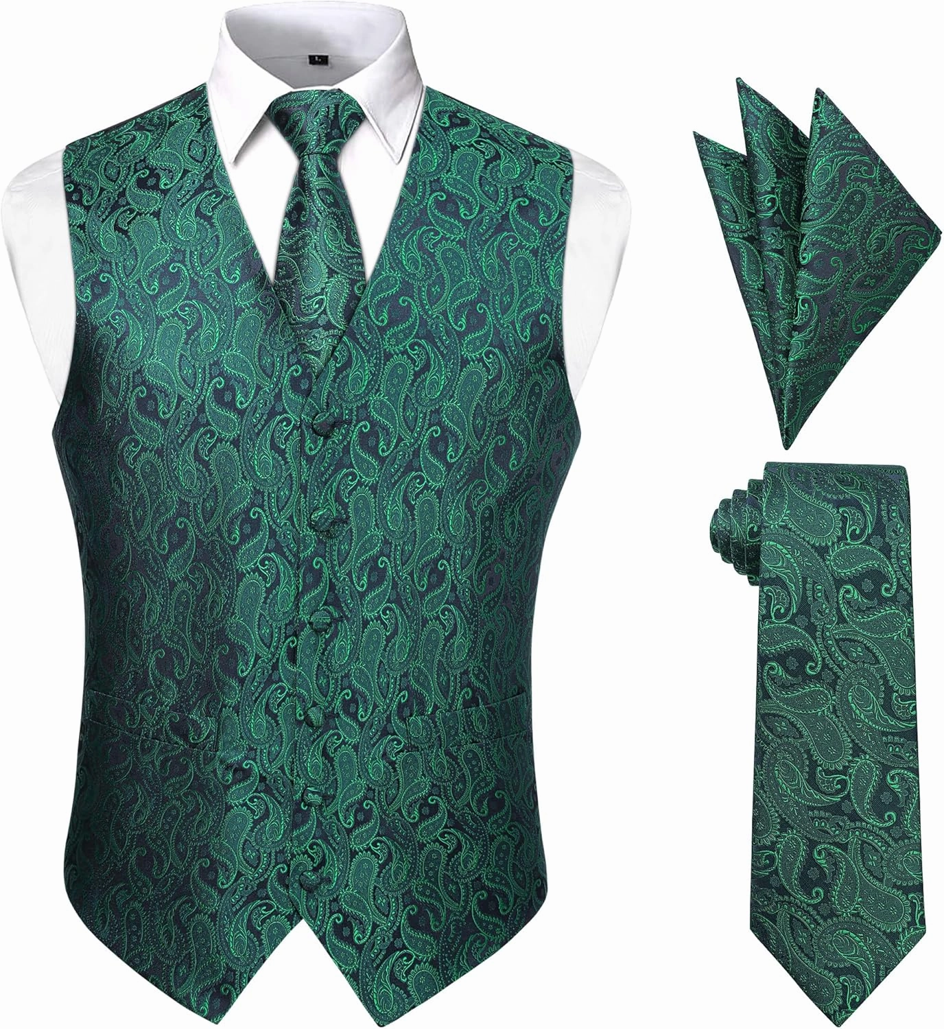 Enlision Mens Vest Tie Set Paisley Vest and Necktie Pocket Square 3pc Formal Dress Waistcoat for Suit or Tuxedo