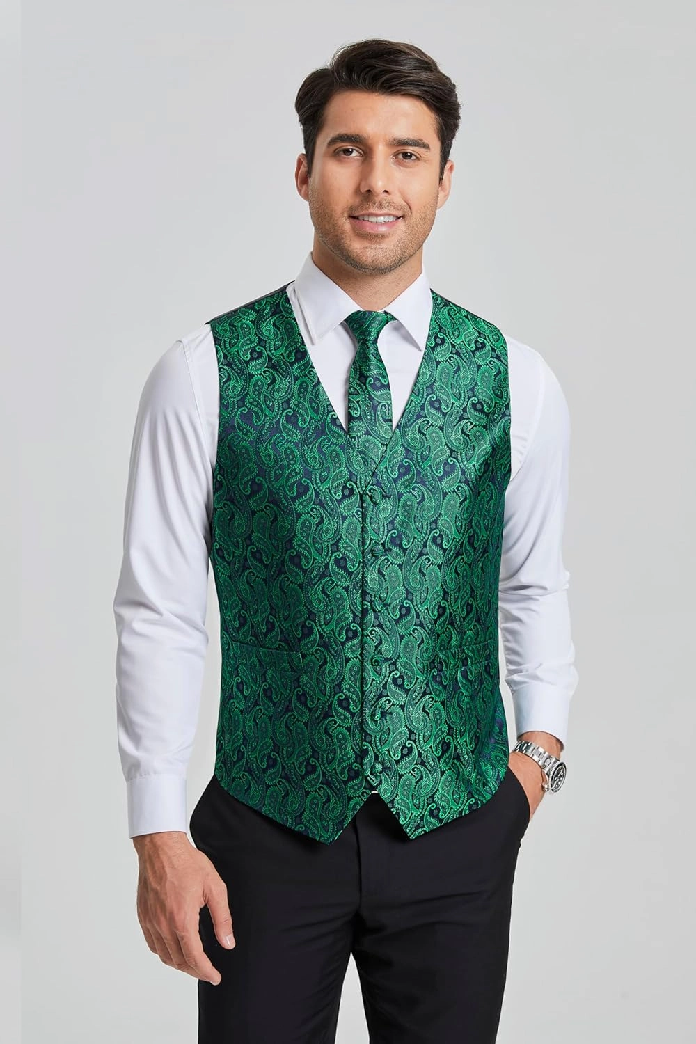 Enlision Mens Vest Tie Set Paisley Vest and Necktie Pocket Square 3pc Formal Dress Waistcoat for Suit or Tuxedo